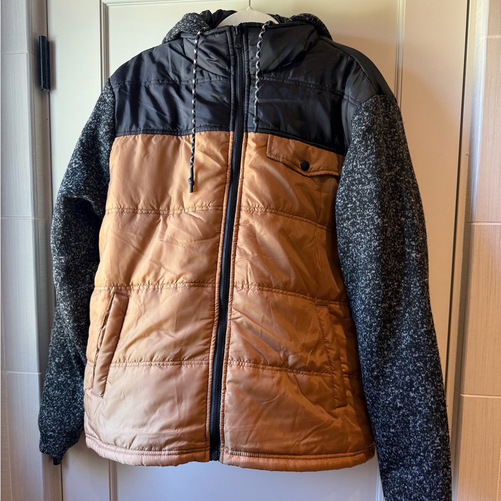 Men's Black and Tan Puffer Jacket, size XL